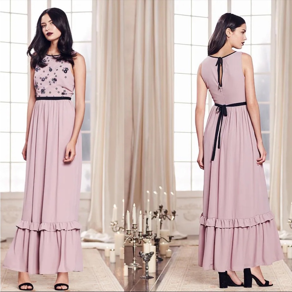 LC Lauren Conrad Runway Pink Black floral embellished Gown Womens size 6